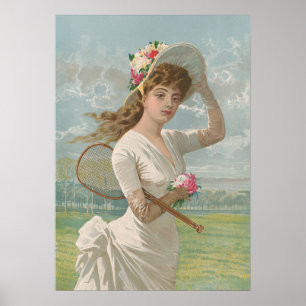 Poster Dame de tennis victorienne avec chapeau à fleurs A
