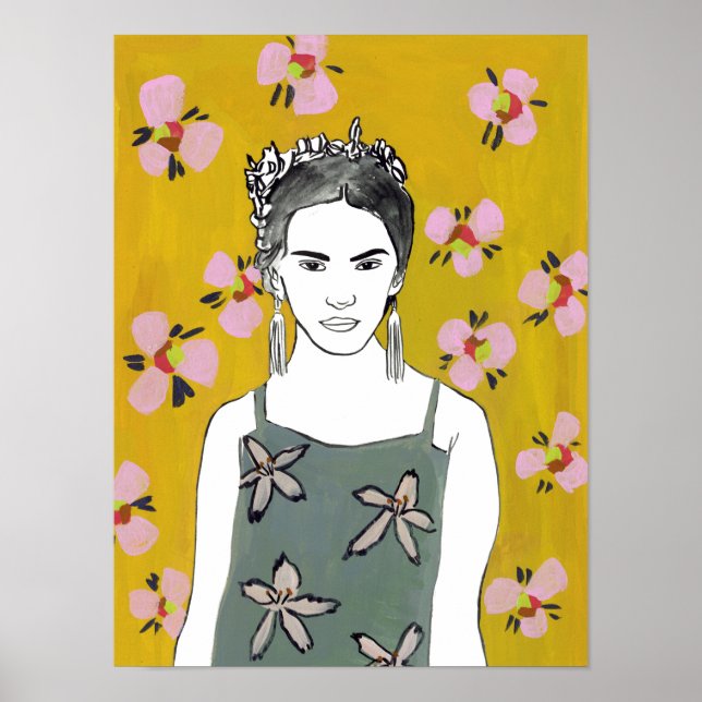 Poster Dame en fleurs roses - Jaune (Devant)