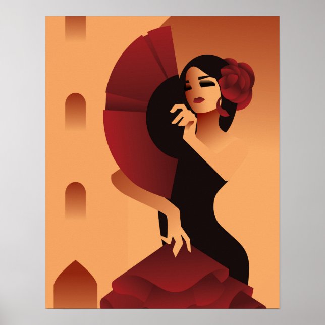 Poster Dame espagnole avec ventilateur et rose en cheveux (Devant)