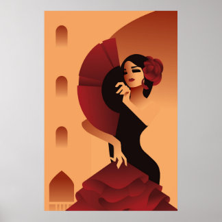 Poster Dame espagnole avec ventilateur et rose en cheveux