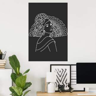 Poster Dame espagnole flamenco avec éventail dessin à l'e