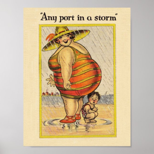 Poster Dame grosse rigolote sur la plage (Devant)