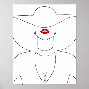 Poster Dame Moderne En Casquette Avec Rouge Lipstick Line