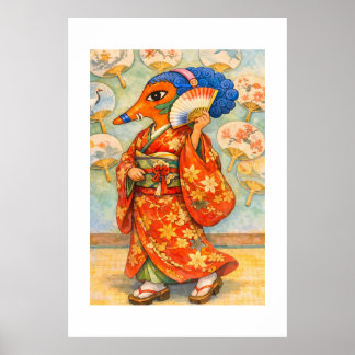 Poster Dame Renard Élégante en Kimono avec Éventail