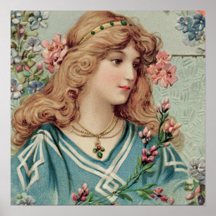 Poster Dame victorienne avec fleurs roses dans ses cheveu