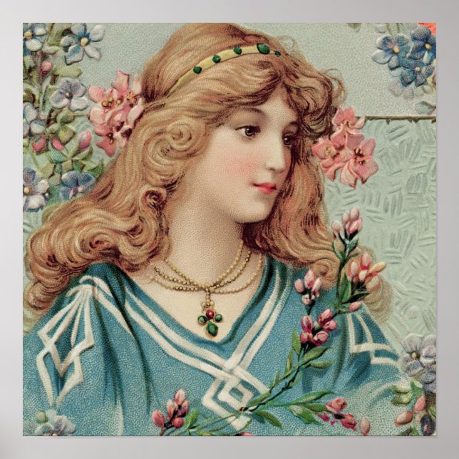 Poster Dame victorienne avec fleurs roses dans ses cheveu (Devant)