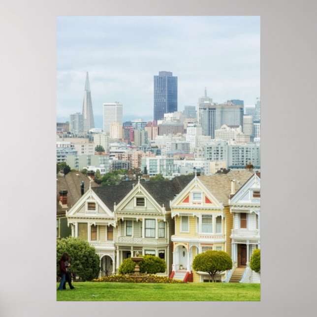 Poster Dames peintes, maisons victoriennes et skyline (Devant)