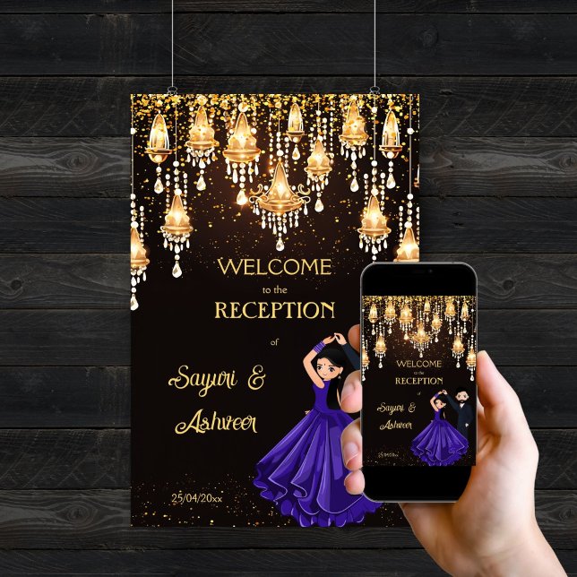 Poster Dancing Indian couple chic accueil signe de bienve (Dancing Indian couple chic glamour reception editable template welcome sign poster digital download)
