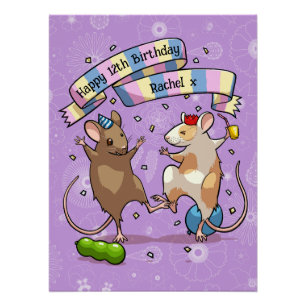 Poster Dancing Mice Nom et âge Bonne fête d'anniversaire