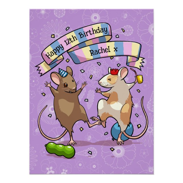 Poster Dancing Mice Nom et âge Bonne fête d'anniversaire (Devant)
