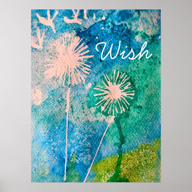 Poster Dandelion aquarelle souhait abstrait bleu et vert (Devant)