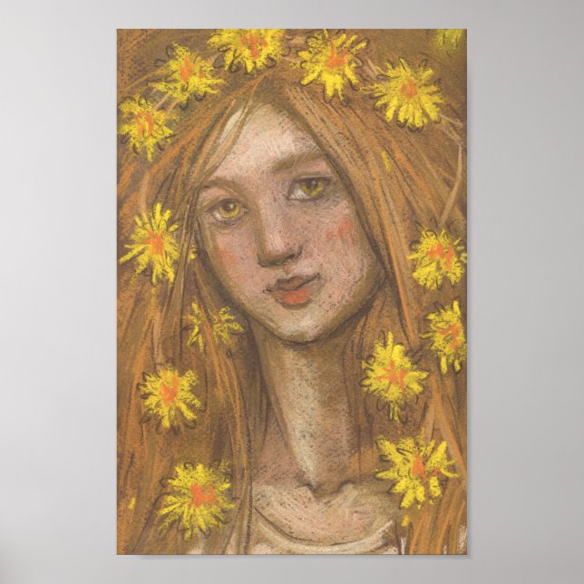 Poster Dandelions Fleur, Blonde Girl et Fleurs Peinture (Devant)