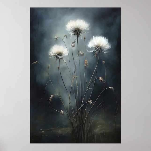 Poster Dandelions In Dark Field, Wildflower Print (Devant)
