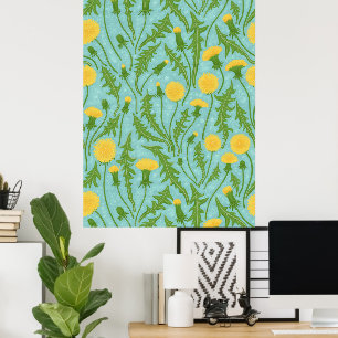 Poster Dandelions, vert, jaune et bleu
