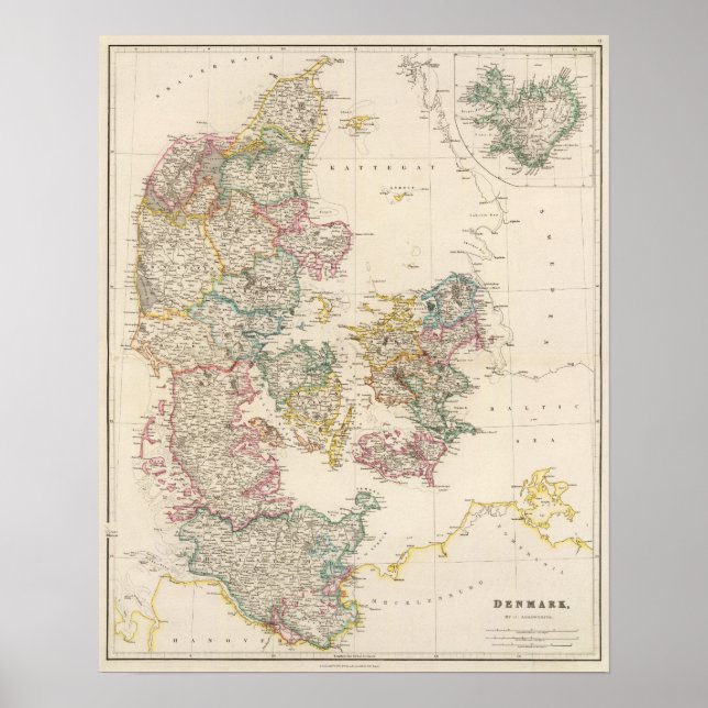 Poster Danemark avec carte de l'Islande (Devant)