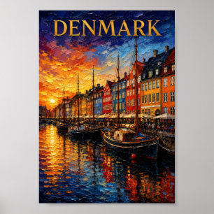 Poster Danemark : Nyhavn Harbour Art Souvenir au coucher 