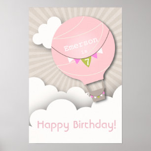 Poster d'anniversaire du ballon à air chaud rose