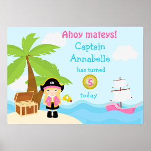 Poster d'anniversaire mignon Blonde Pirate Girl en