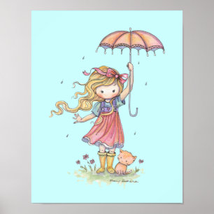 Poster Dans la pluie Petite fille et Kitten Nursery Art
