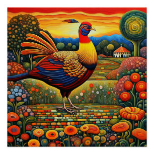 Poster Dans le jardin avec le faisan d'or