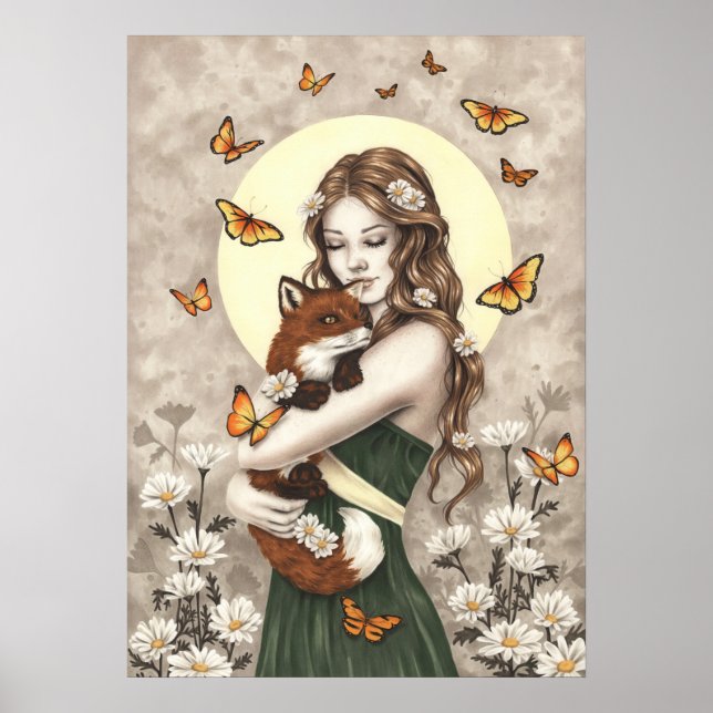 Poster Dans le jardin fille avec renard et papillons (Devant)