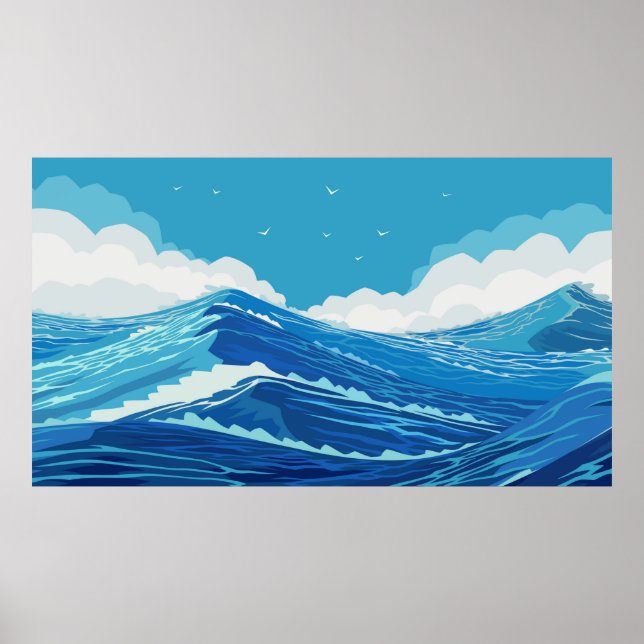 Poster Dans l'océan. Belles grandes vagues et bleu (Devant)