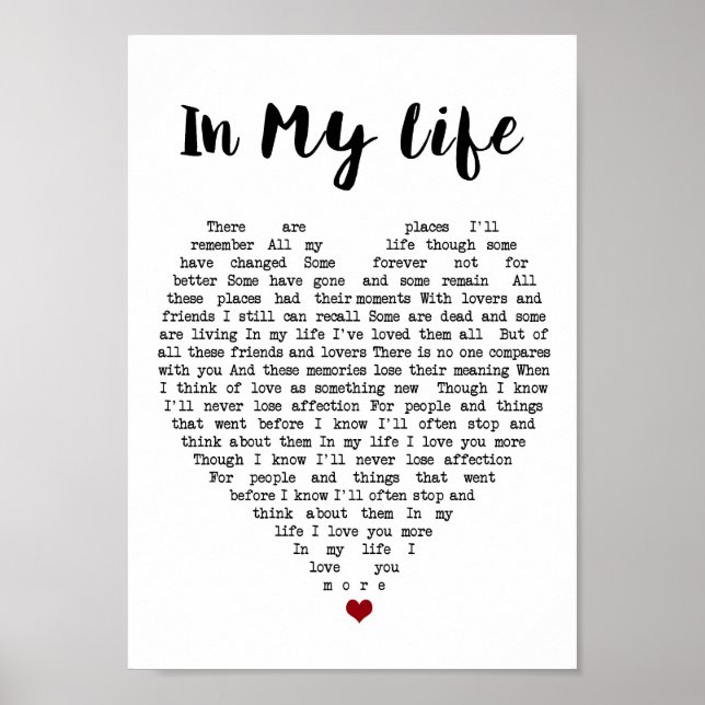 Poster Dans My Life Wall Art Chanson Lyrique Coeur Imprim (Devant)