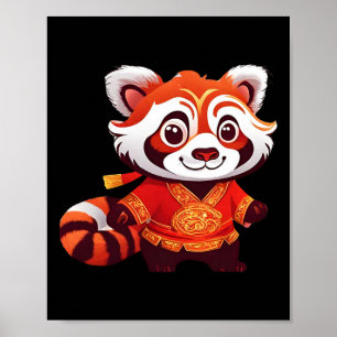 Poster Danse du lion de Panda rouge drôle pour enfants ch