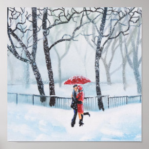 Poster Danse romantique de couples dans le parapluie de