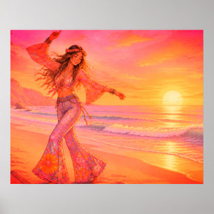 Poster Danse sur la plage sous le coucher de soleil sur u