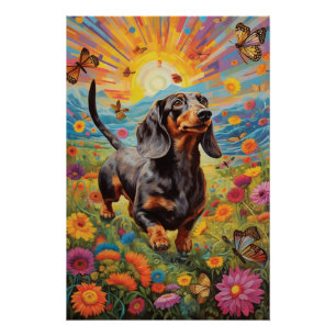 Poster Danse Whimsical Dachshund et Papillon