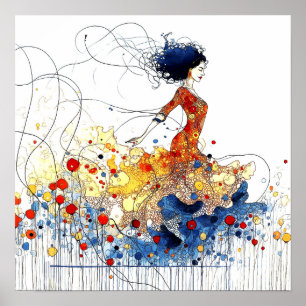 Poster Danseuse de flamenco en mouvement multicolore flui