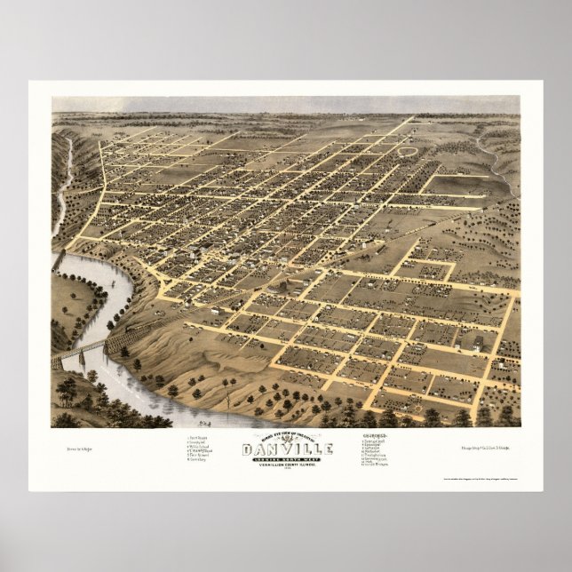 Poster Danville, IL Carte panoramique - 1869 (Devant)