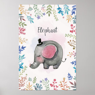 Poster d'aquarelle à cadre fleuri éléphant