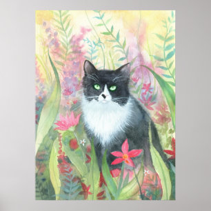 Poster d'aquarelle de chat Tuxedo