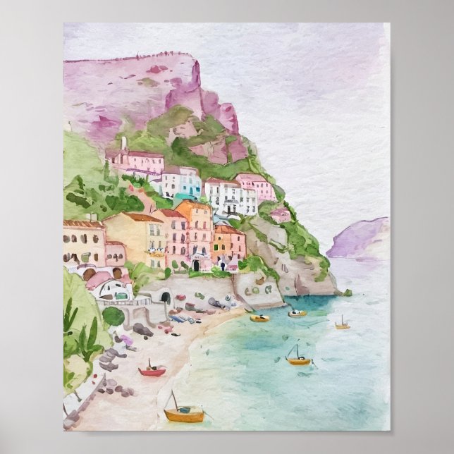 Poster d'aquarelle de la côte d'Amalfi (Devant)