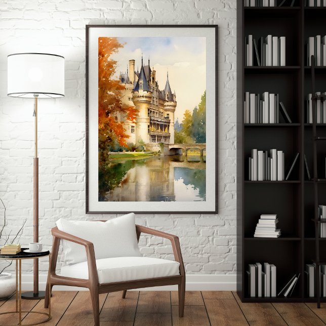 Poster d'aquarelle du château français antique (Créateur téléchargé)