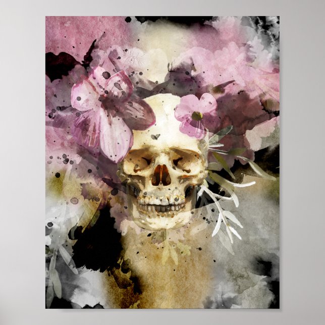 Poster d'aquarelle du crâne floral (Devant)