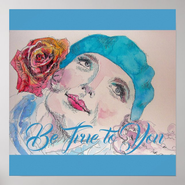 Poster d'aquarelle Girl with Red Rose Beret (Devant)