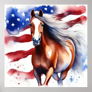 Poster d'aquarelle Patriotic Horse with U.S. Flag