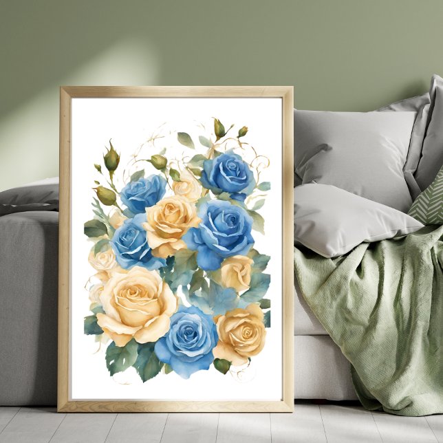 Poster d'aquarelle romantique or et bleu Rose (Gold and Blue Roses Romantic Watercolor Poster)
