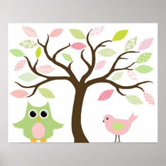Poster d'arbre, de hibou et d'oiseau pour la chamb