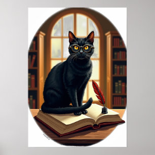 Poster Dark Academia Chat Bibliophile Lunettes Lecteur Cu