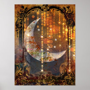 Poster Dark Gold Mystic Crescent Moon Crystals