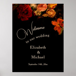 Poster Dark Romantic Painted Flowers Wedding Welcome