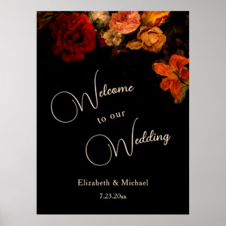 Poster Dark Romantic Painted Flowers Wedding Welcome