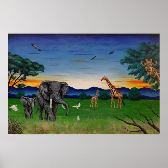 Poster d'art "African Sunset" Elephant Giraffe Imp (Devant)