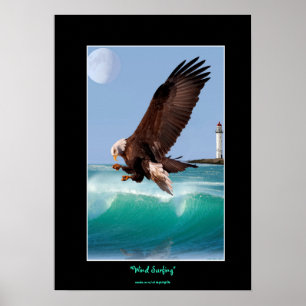 Poster d'art Bald Eagle, Waves & Lighthouse