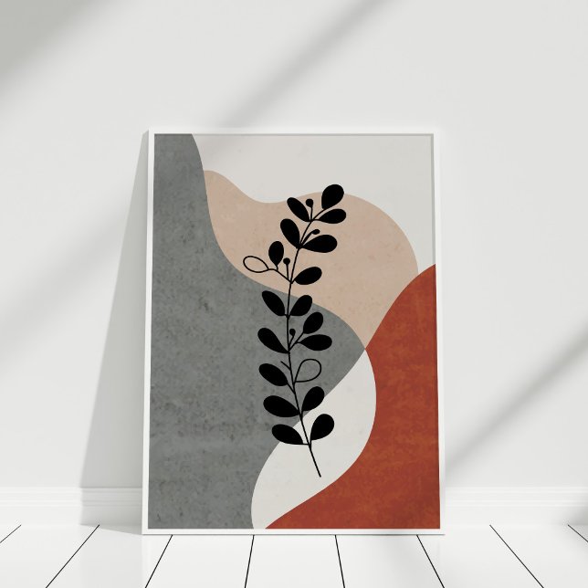 Poster d'art botanique Abstrait en terre cuite (Boho Terracotta Abstract Botanical Art Poster against white wall in white frame.)