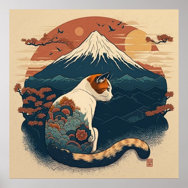 Poster d'art de chat de style japonais - Rouge et  (Devant)